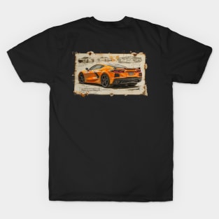 Orange C8 Corvette Design Drawing Supercar Racecar Muscle Car Printed on Back Amplify Orange Corvette C8 T-Shirt